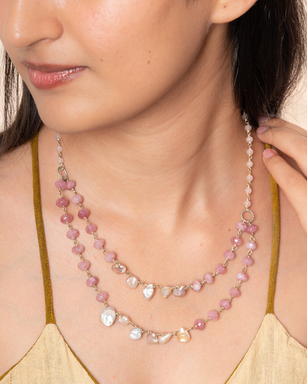 Dual-Layer Uncut Pearl, Pink Baati Bead and Rose Quartz Necklace