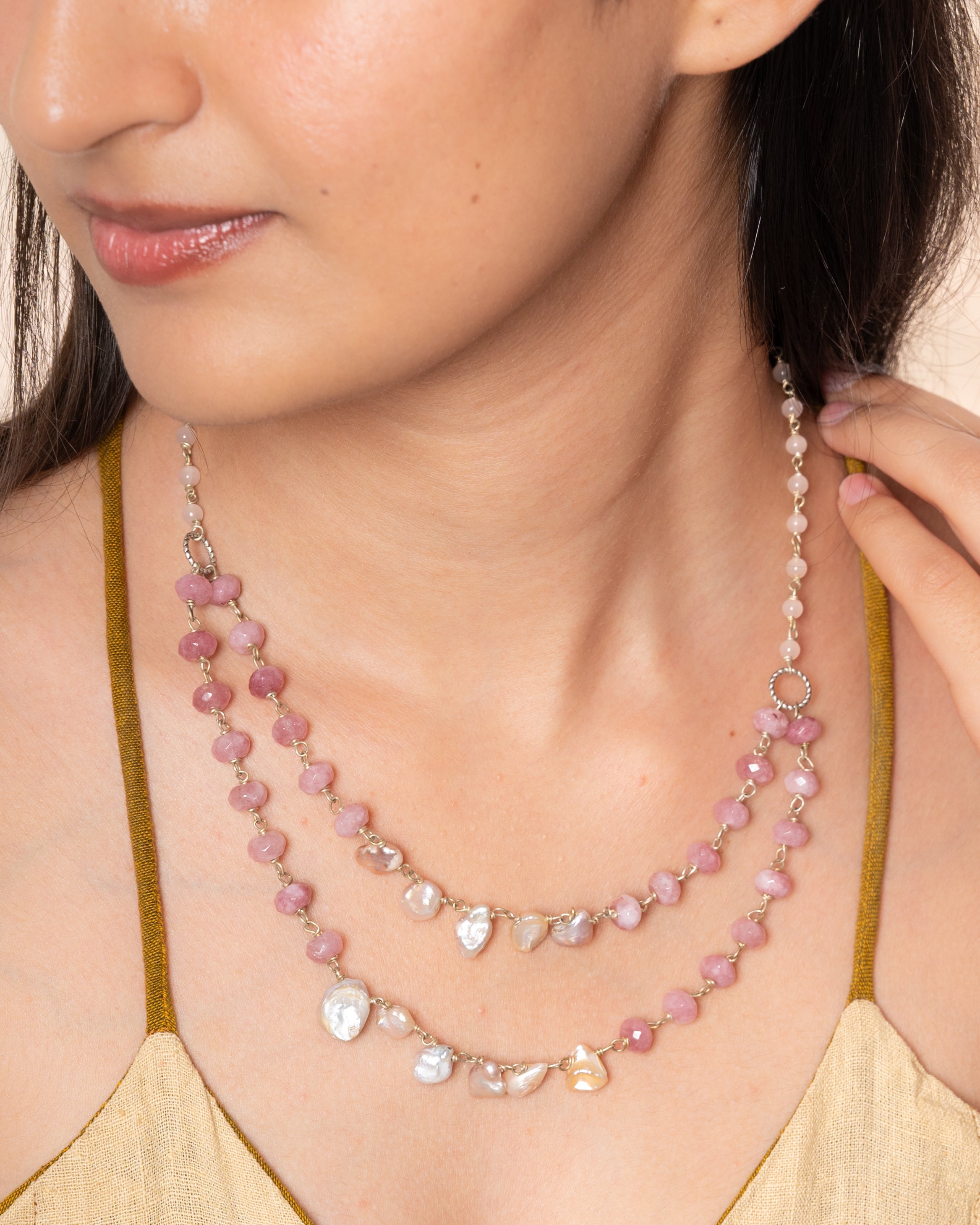 Dual-Layer Uncut Pearl, Pink Baati Bead and Rose Quartz Necklace