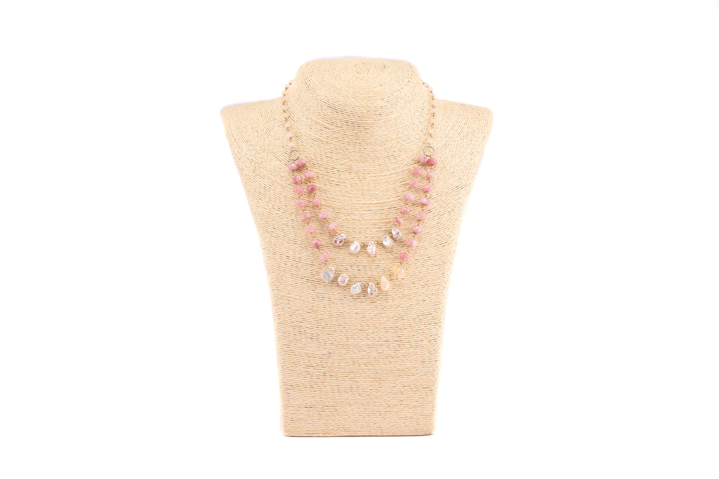Dual-Layer Uncut Pearl, Pink Baati Bead and Rose Quartz Necklace