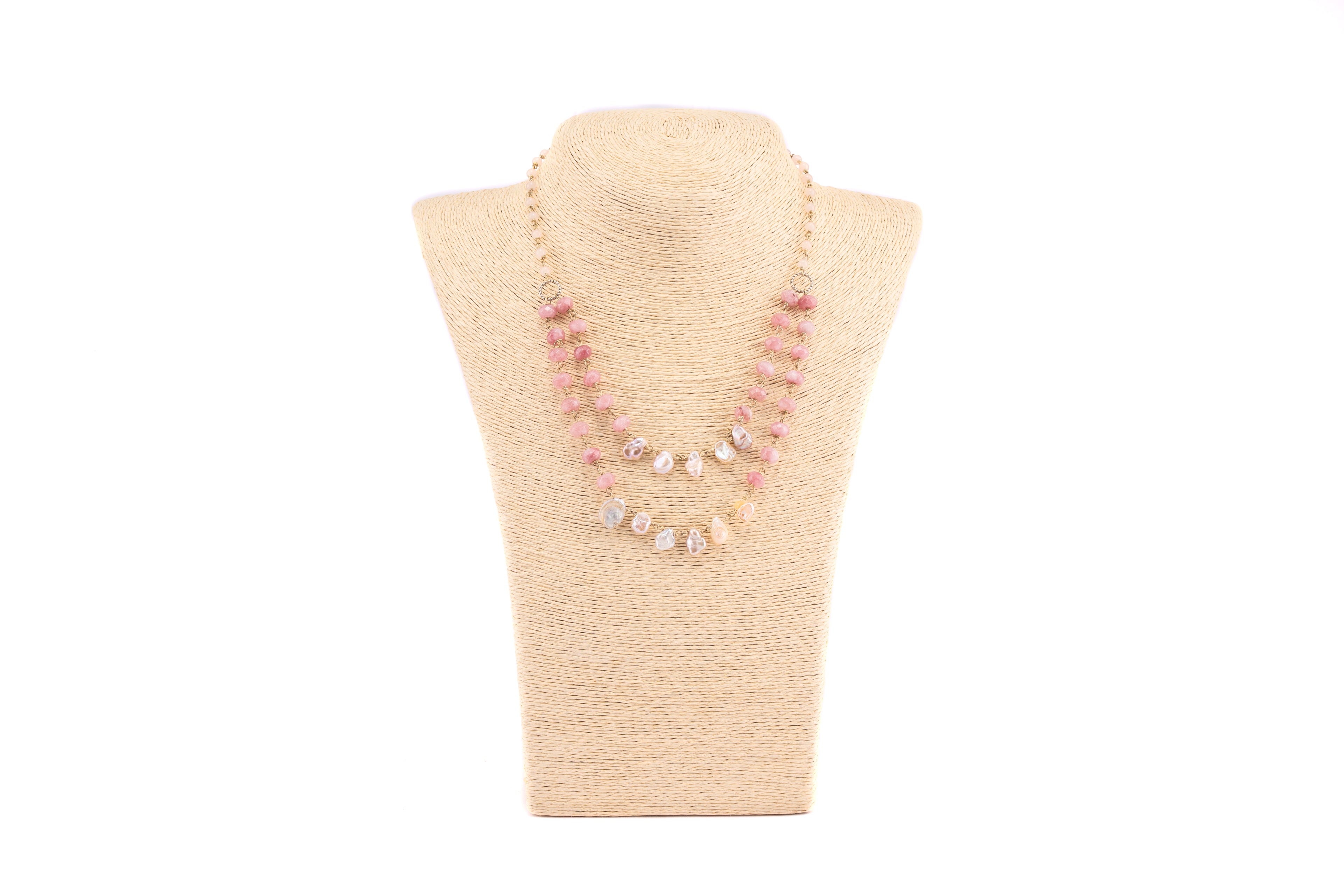 Dual-Layer Uncut Pearl, Pink Baati Bead and Rose Quartz Necklace