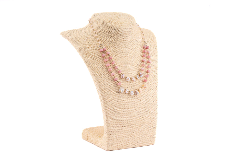 Dual-Layer Uncut Pearl, Pink Baati Bead and Rose Quartz Necklace