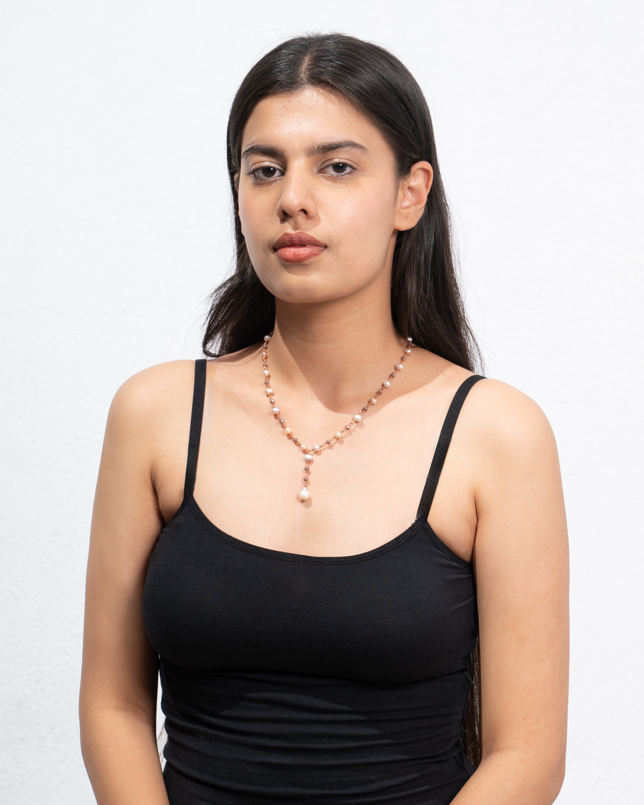 Natural Pearl and Soft-Toned Crystal Bead Necklace with Pearl Drop