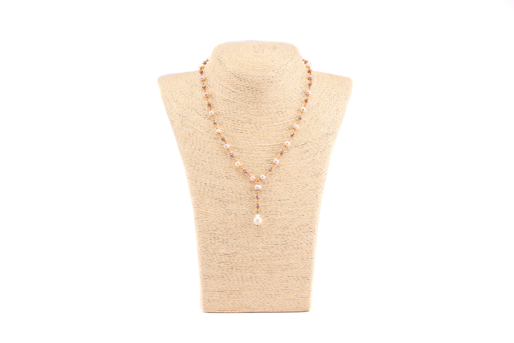 Natural Pearl and Soft-Toned Crystal Bead Necklace with Pearl Drop