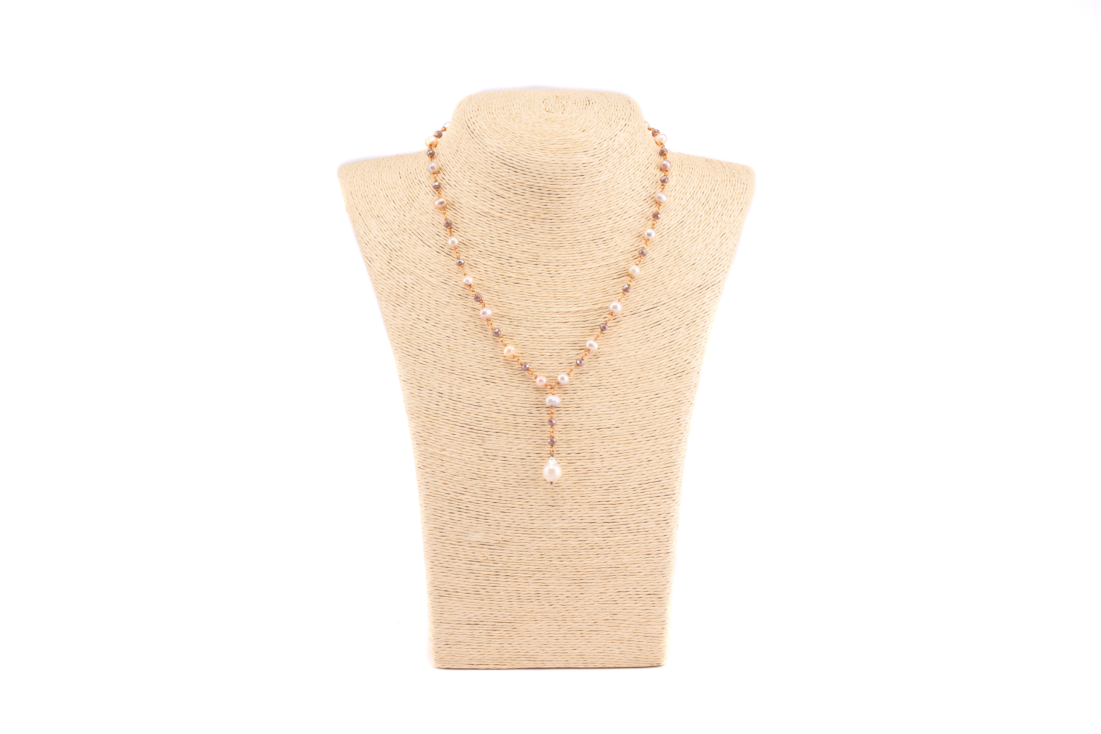 Natural Pearl and Soft-Toned Crystal Bead Necklace with Pearl Drop
