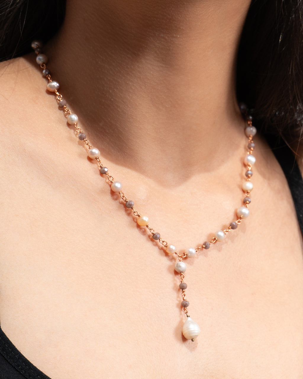 Natural Pearl and Soft-Toned Crystal Bead Necklace with Pearl Drop