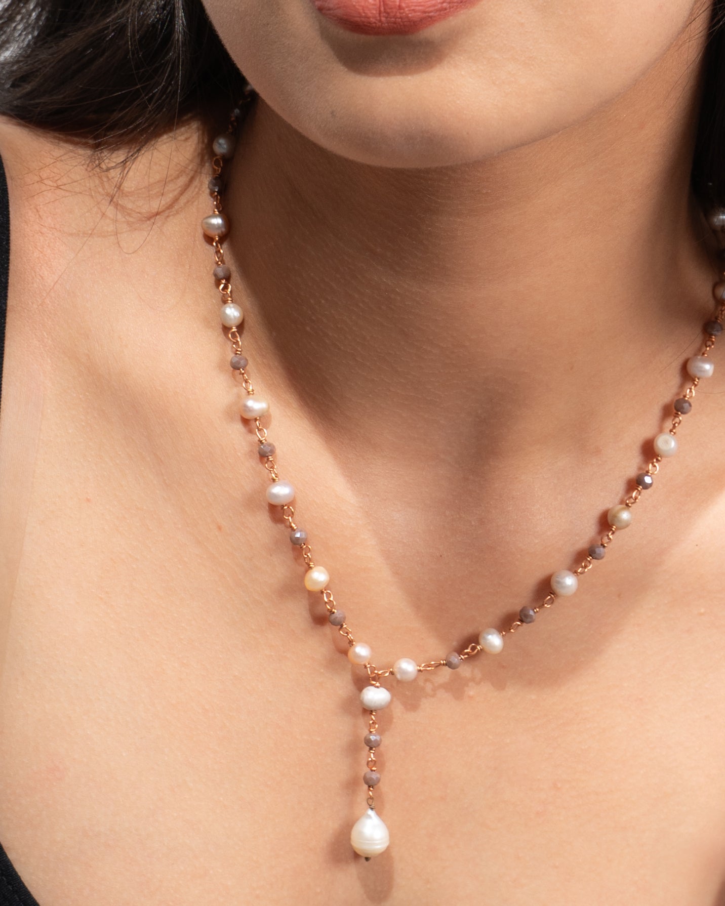 Natural Pearl and Soft-Toned Crystal Bead Necklace with Pearl Drop