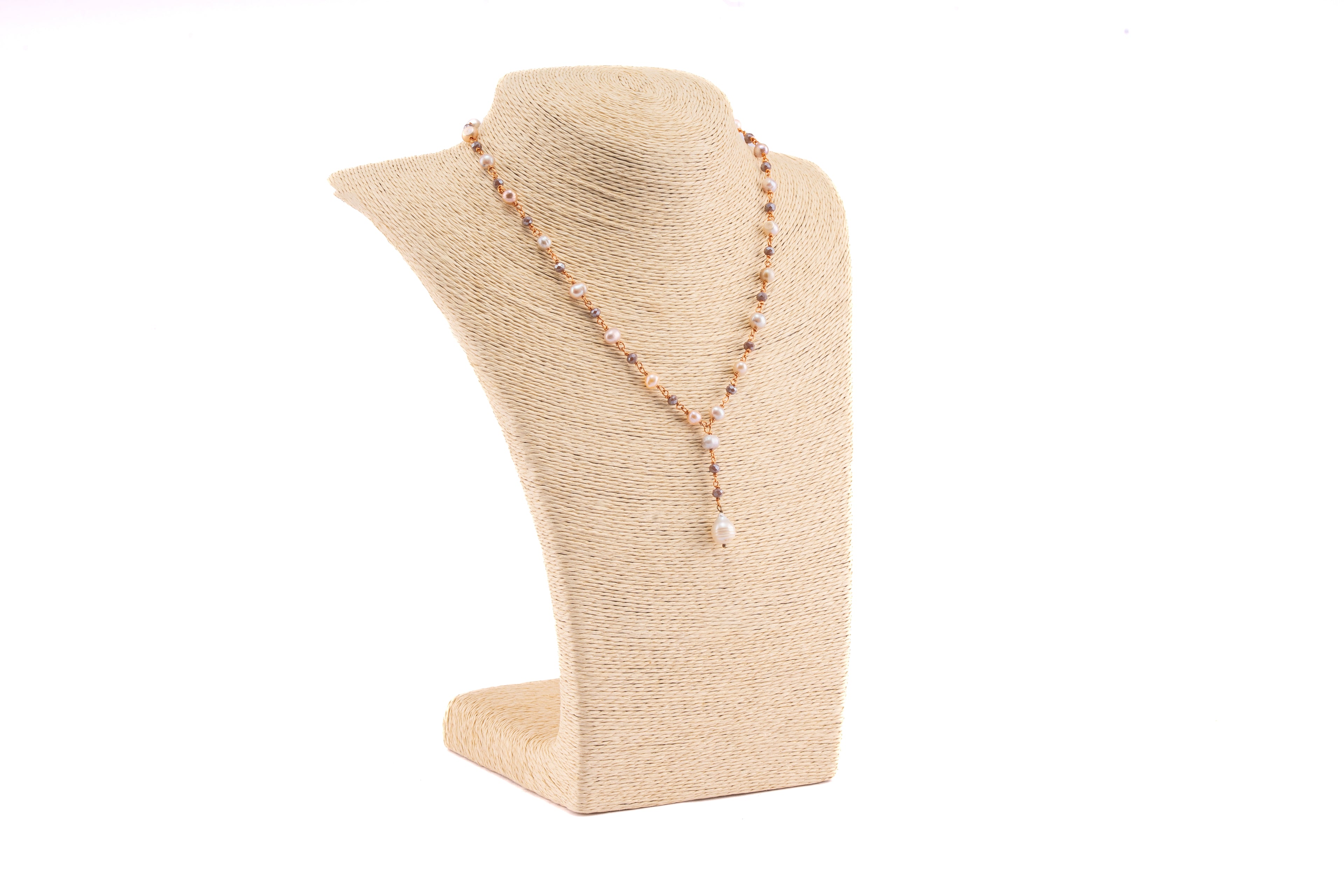Natural Pearl and Soft-Toned Crystal Bead Necklace with Pearl Drop