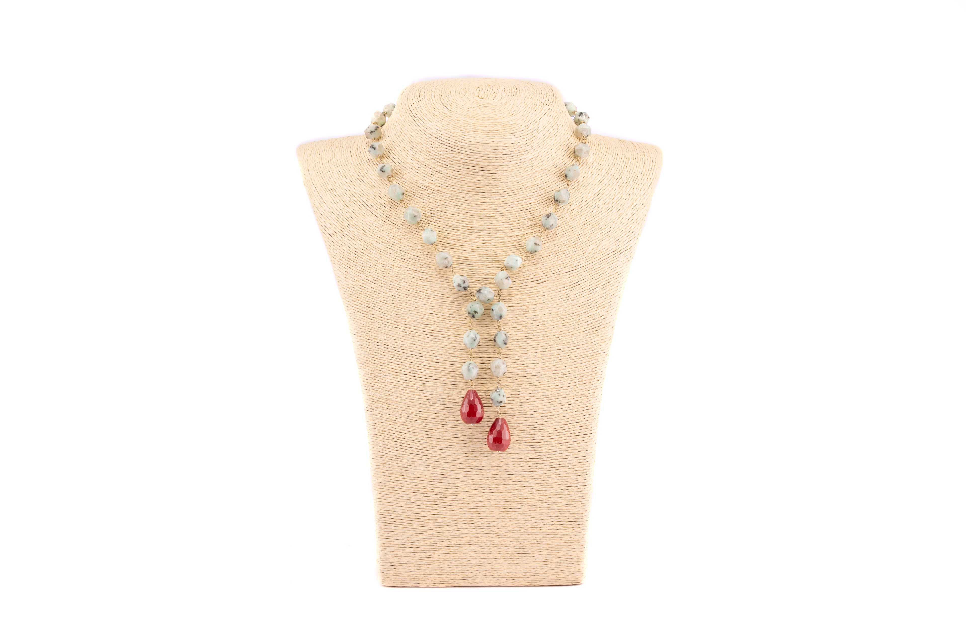 Kiwi Jasper Necklace with Ruby Teardrop Pendant