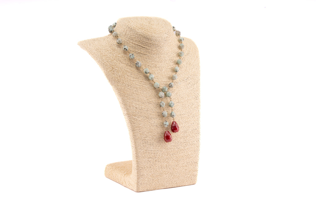 Kiwi Jasper Necklace with Ruby Teardrop Pendant
