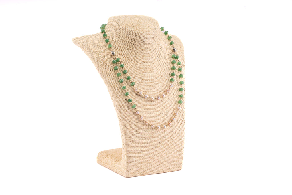 Double-Strand Green Bead Necklace with Natural Pearls