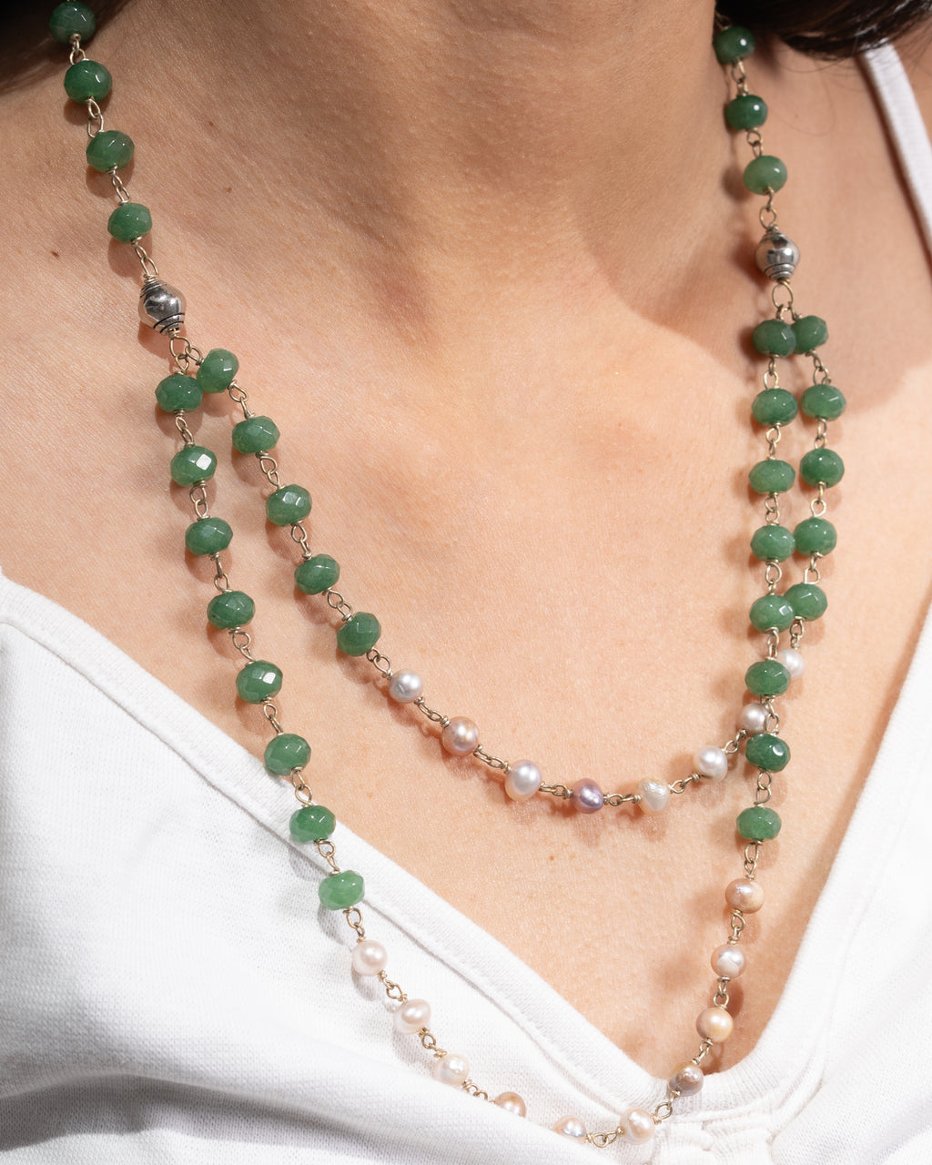 Double-Strand Green Bead Necklace with Natural Pearls