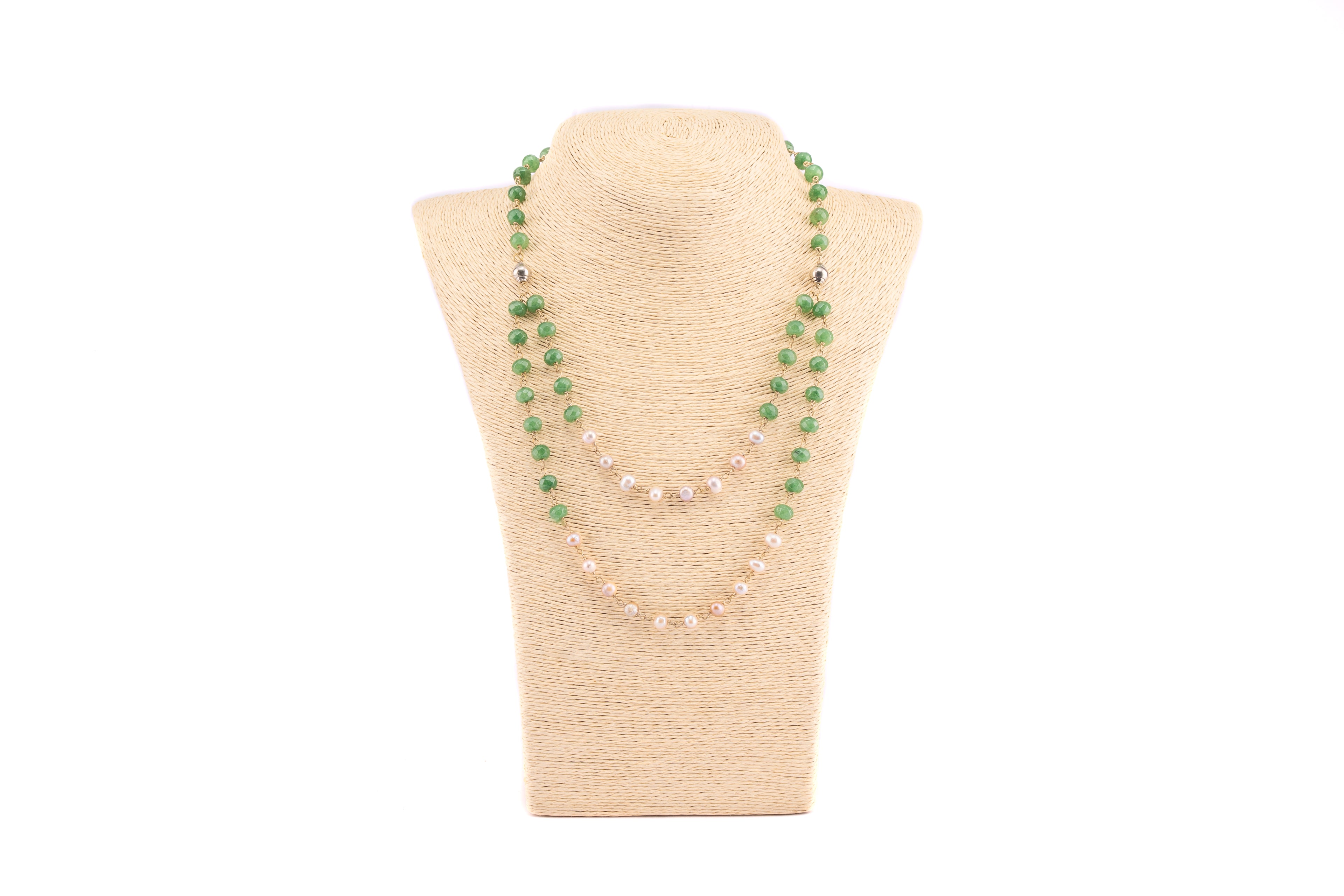 Double-Strand Green Bead Necklace with Natural Pearls
