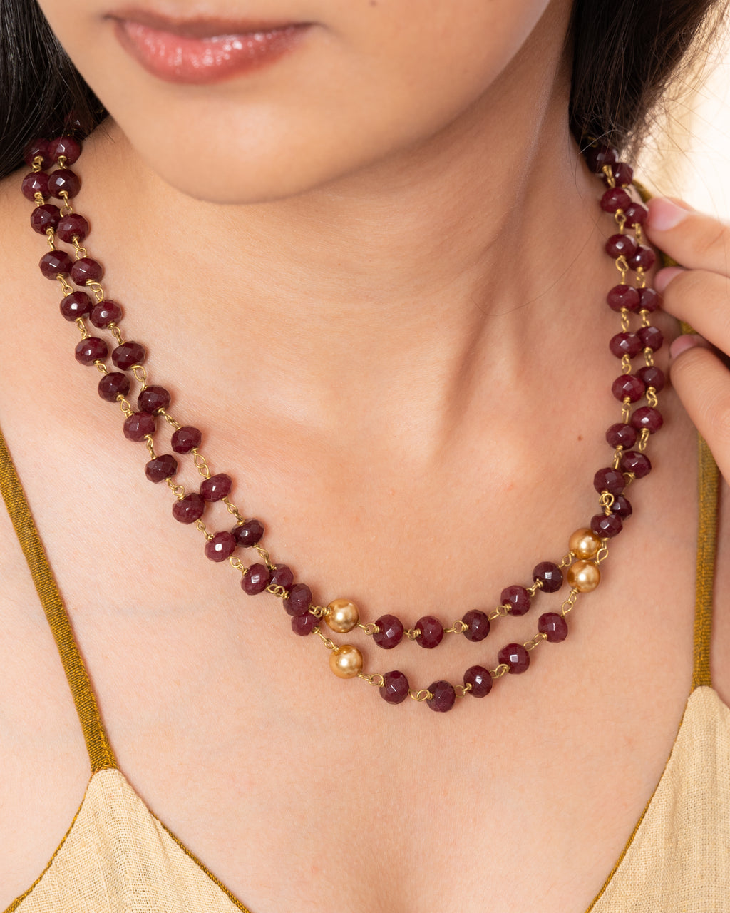 Dual-Layer Red Wine Baati Bead Necklace with Golden Pearls