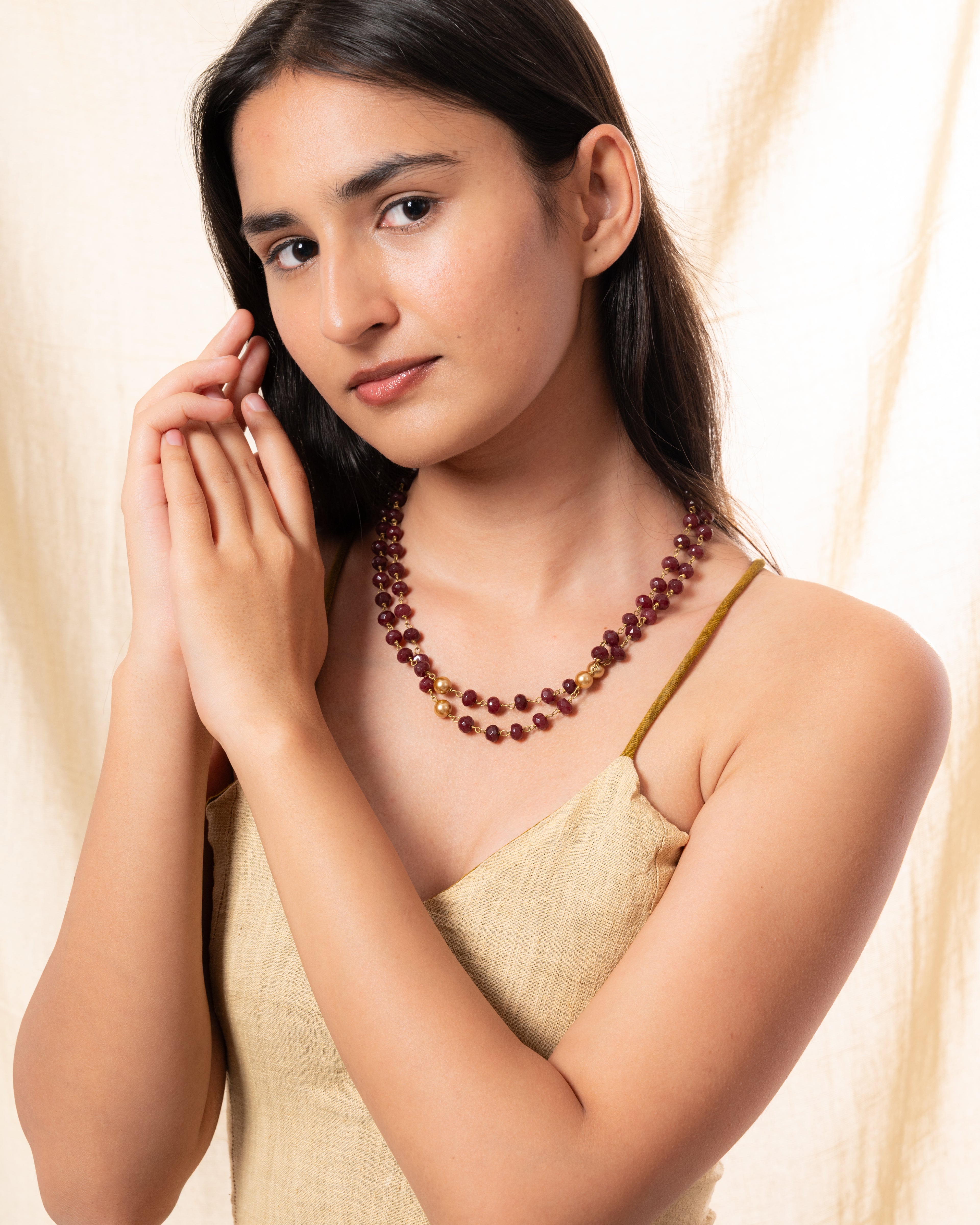 Dual-Layer Red Wine Baati Bead Necklace with Golden Pearls