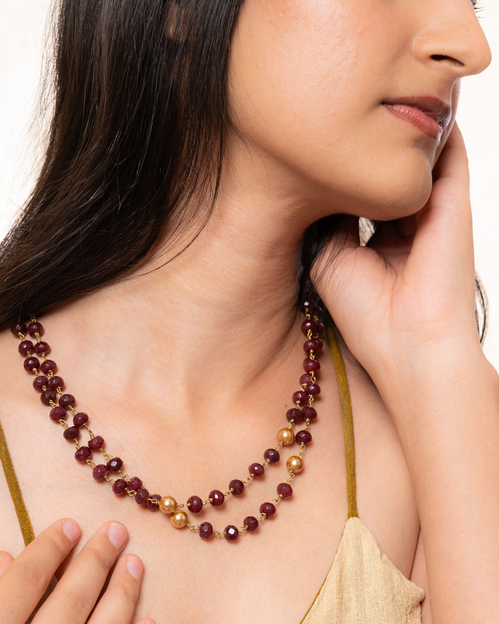Dual-Layer Red Wine Baati Bead Necklace with Golden Pearls