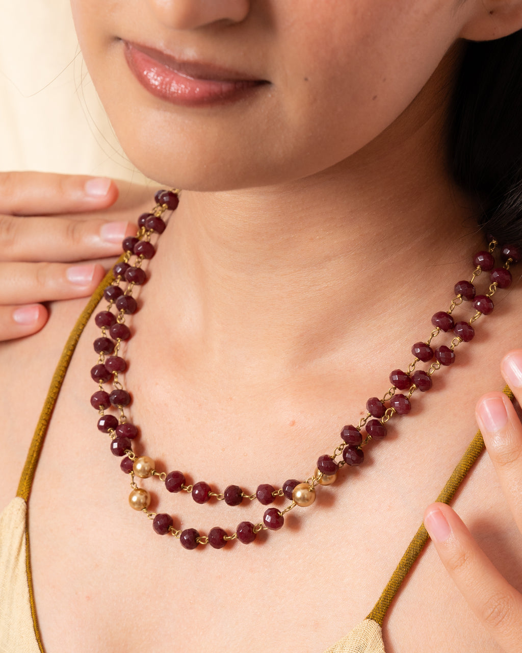 Dual-Layer Red Wine Baati Bead Necklace with Golden Pearls