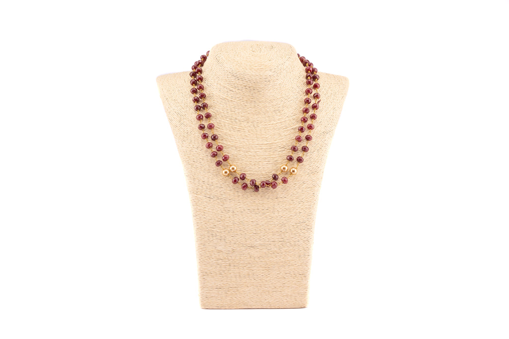 Dual-Layer Red Wine Baati Bead Necklace with Golden Pearls