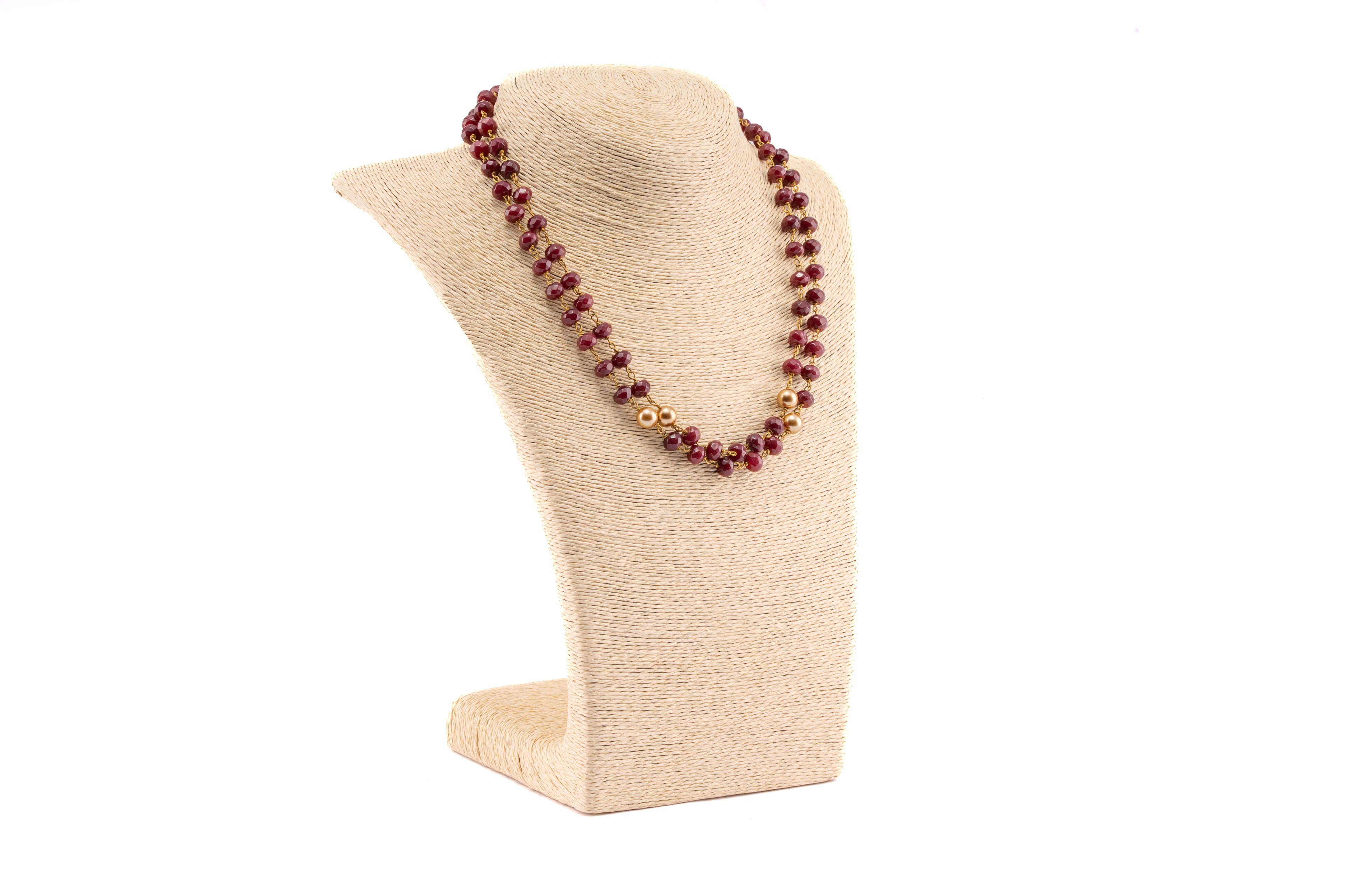 Dual-Layer Red Wine Baati Bead Necklace with Golden Pearls