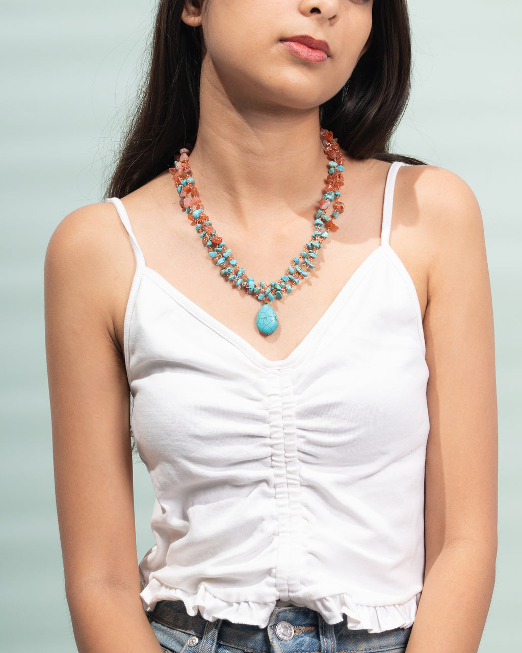Triple-Strand Carnelian and Turquoise Necklace with Turquoise Drop Pendant