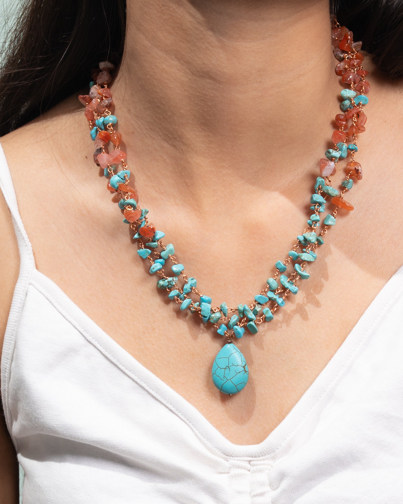 Triple-Strand Carnelian and Turquoise Necklace with Turquoise Drop Pendant