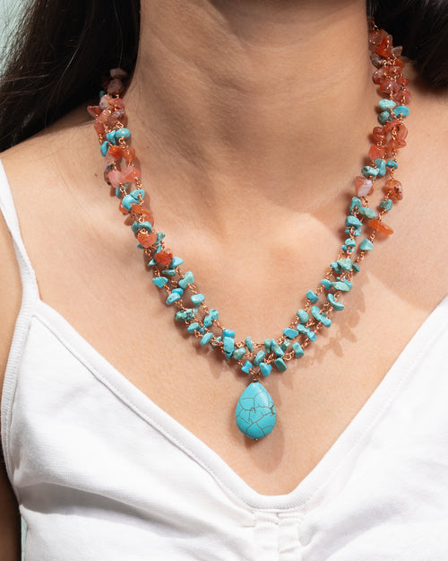 Carnelian and Turquoise mixed triple strand Necklace with Turquoise Drop Pendant