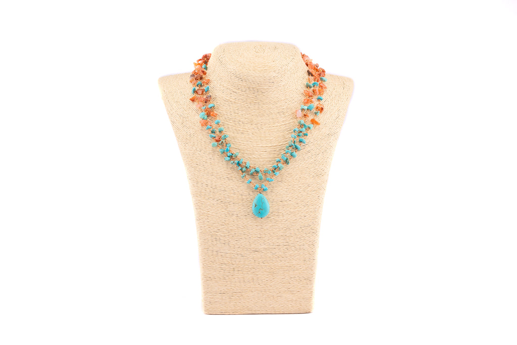 Triple-Strand Carnelian and Turquoise Necklace with Turquoise Drop Pendant