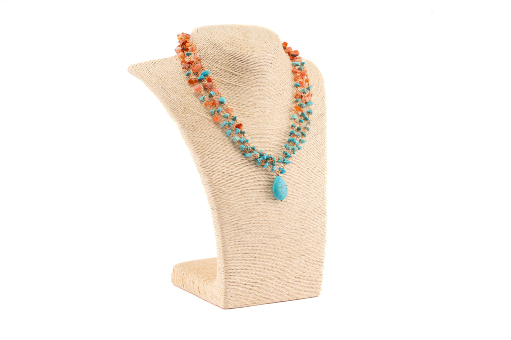 Triple-Strand Carnelian and Turquoise Necklace with Turquoise Drop Pendant