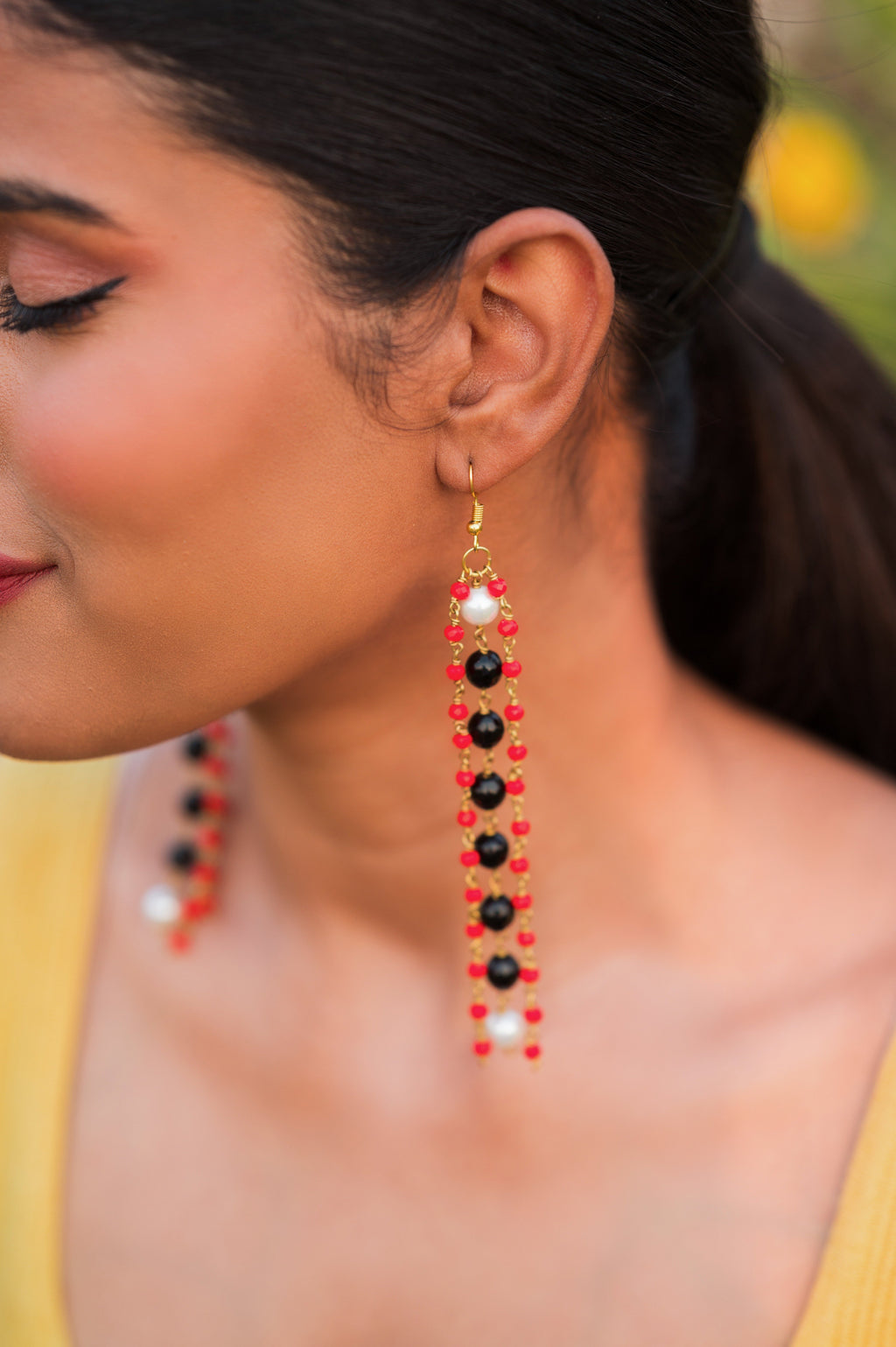 Pearl Mixed Red Glass Curtain Earring