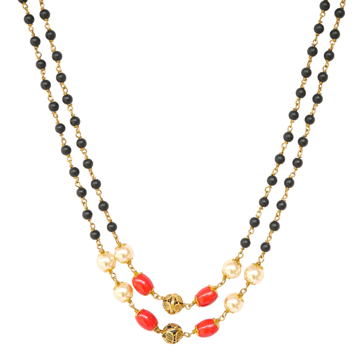 Double layered Swarovski Pearl coral mixed black crystal necklace