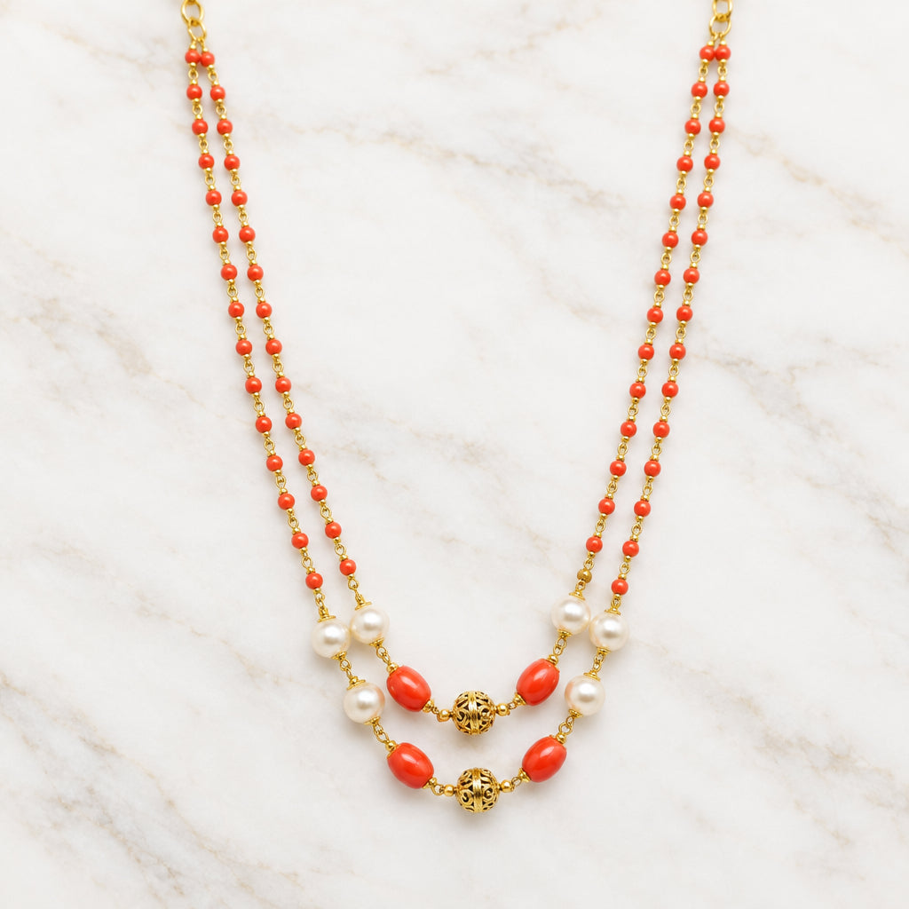 Swaroski Pearl mixed coral double layered necklace
