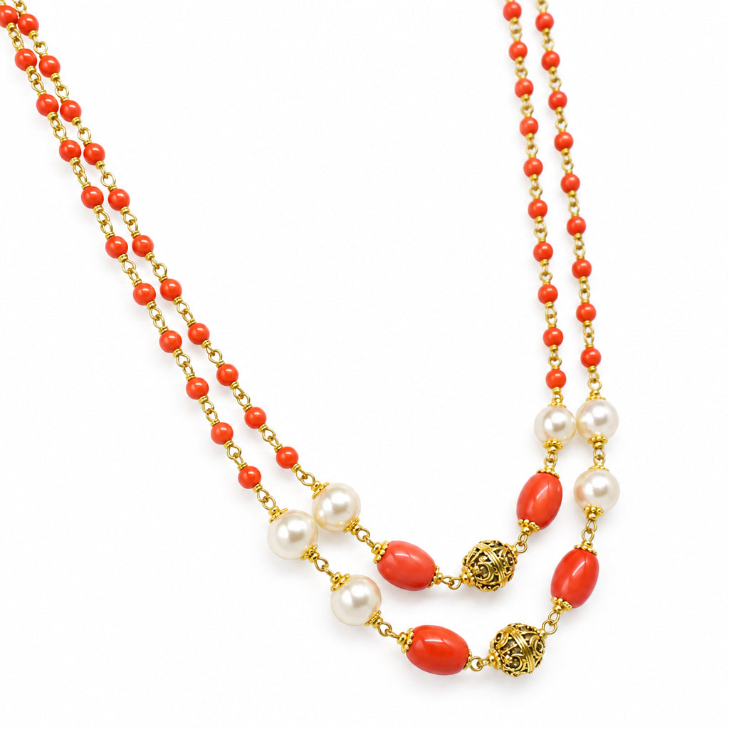 Swaroski Pearl mixed coral double layered necklace