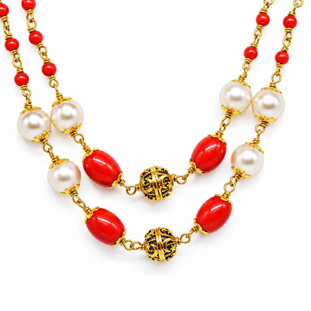 Swaroski Pearl mixed coral double layered necklace
