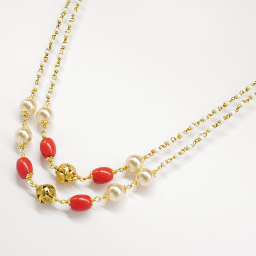 Double layered Pearl coral mixed necklace