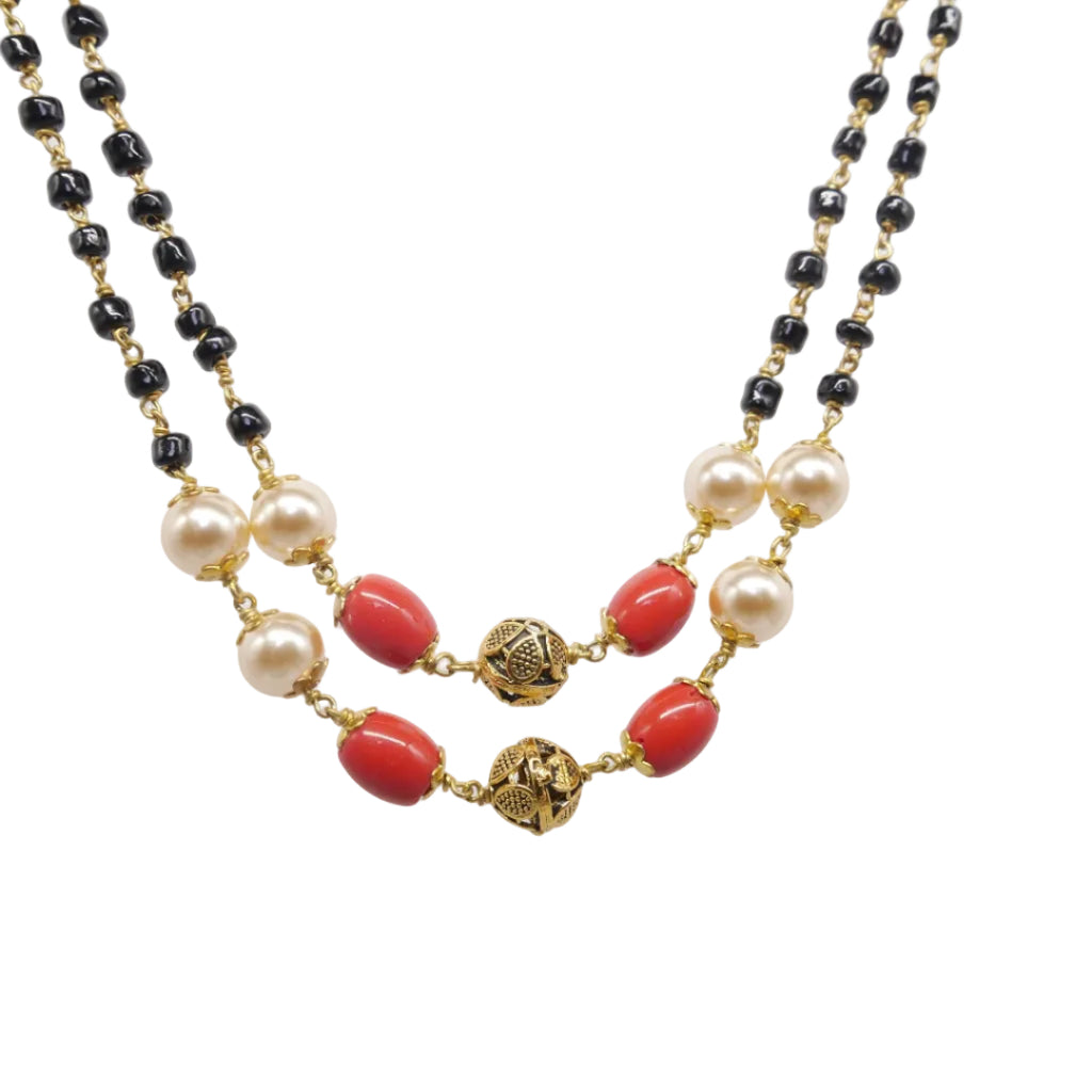 Double layered Swarovski Pearl coral mixed black crystal necklace