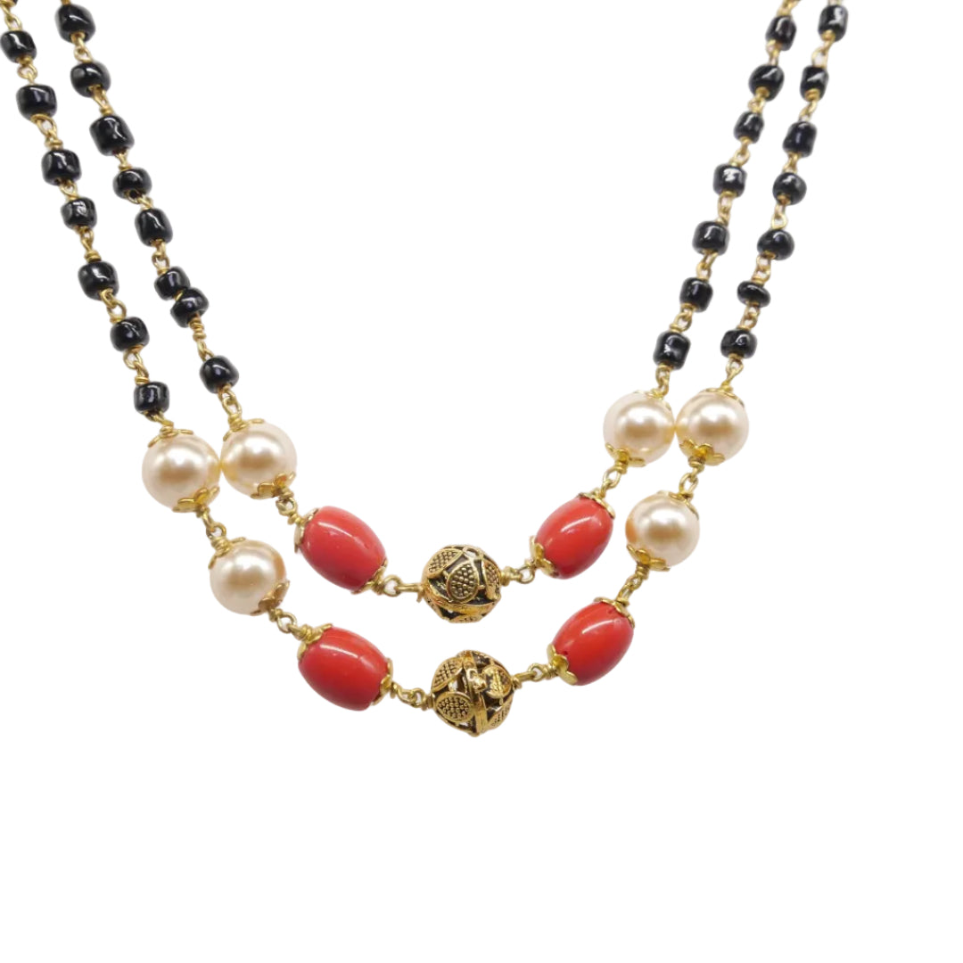 Double layered Swarovski Pearl coral mixed black crystal necklace