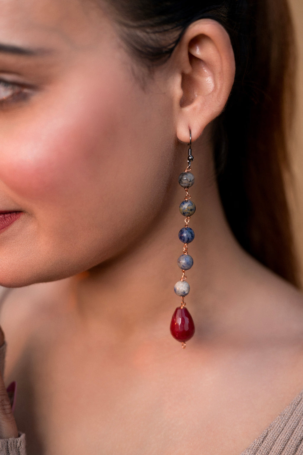 Lapiz Red Tear Drop Long Earring