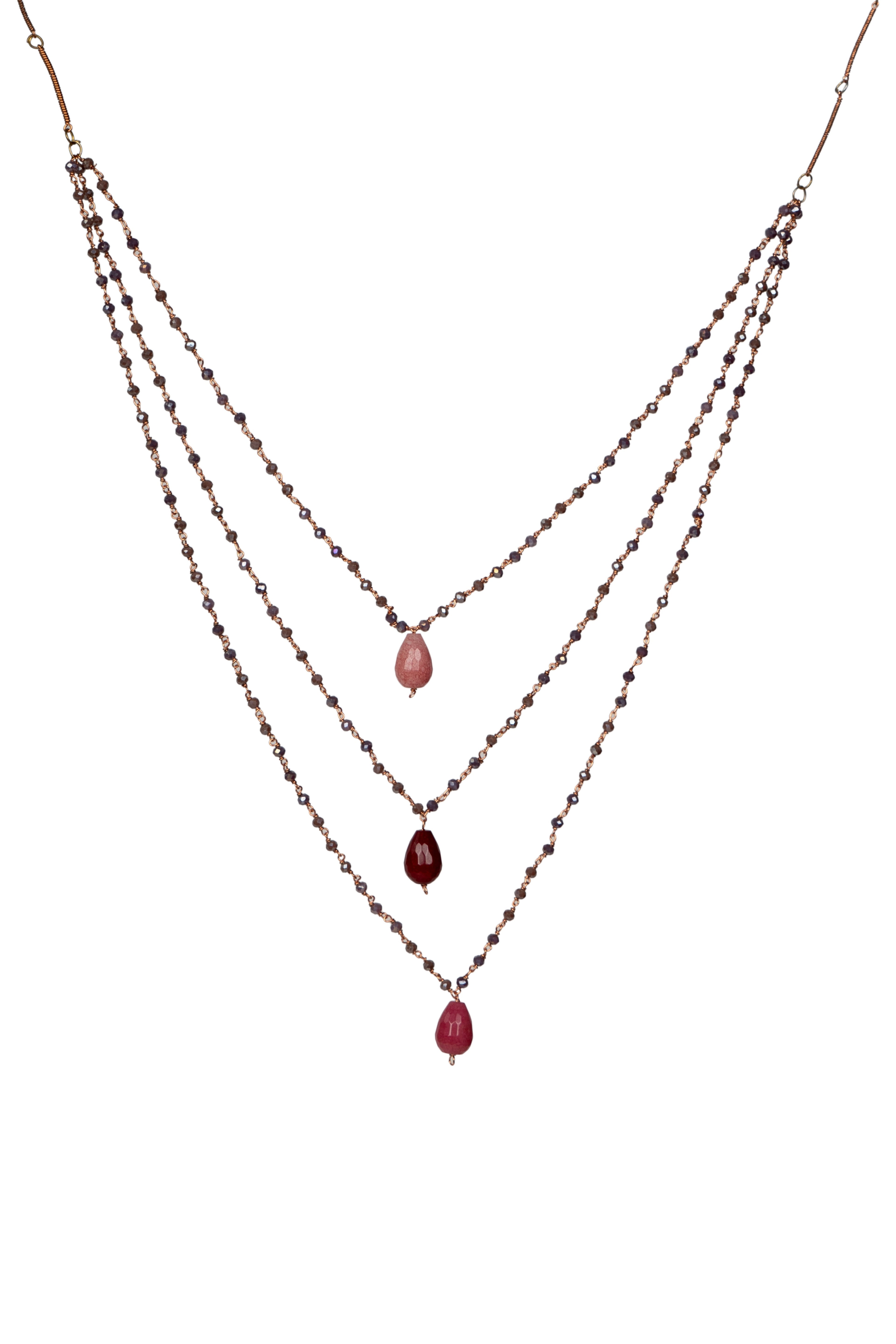 Violet Silver Mixed Crystal Beads Multi Layered Necklace with Teardrop Pendants