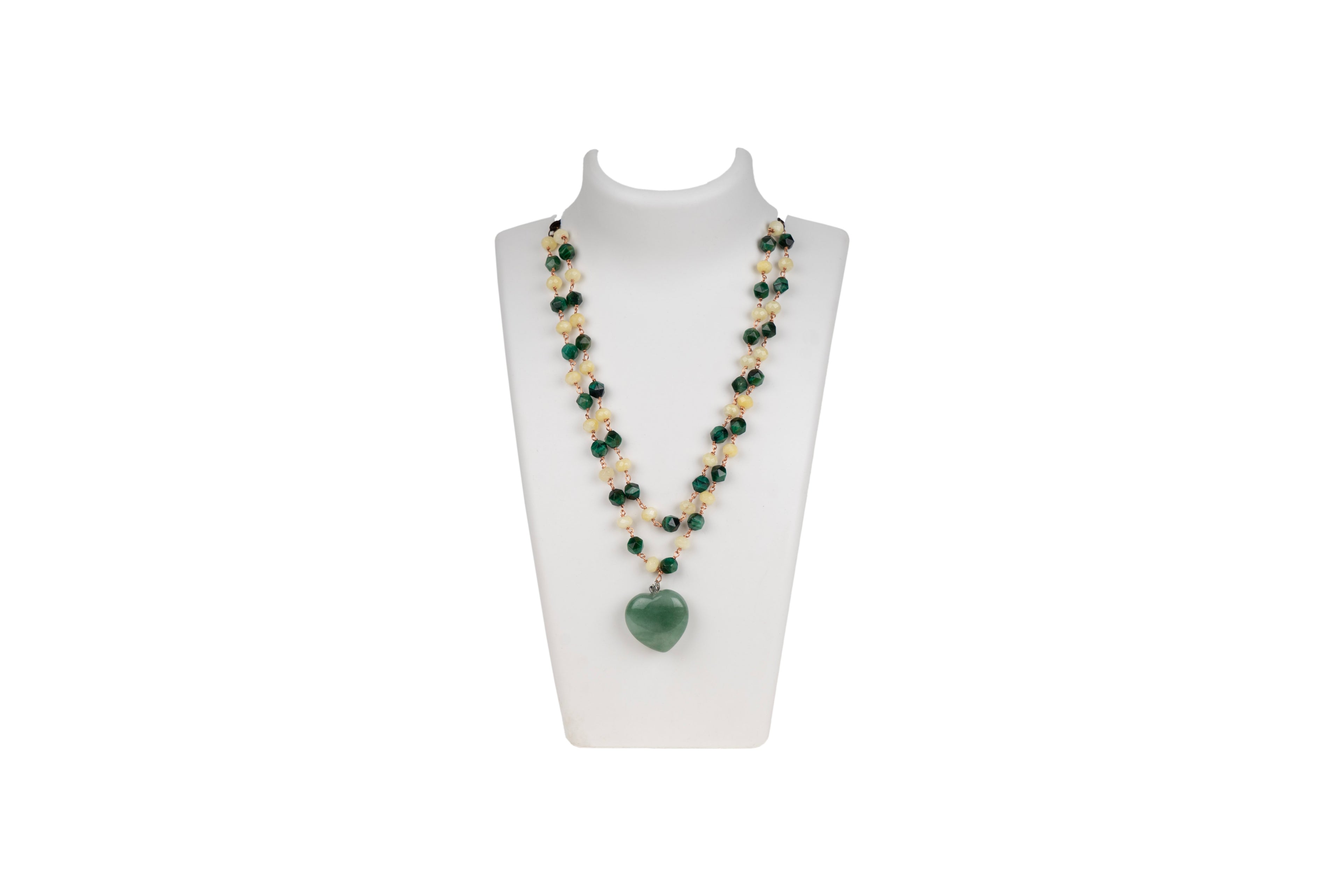 Green Tiger Eye Baati Mixed Double Layered Necklace with Heart Pendant