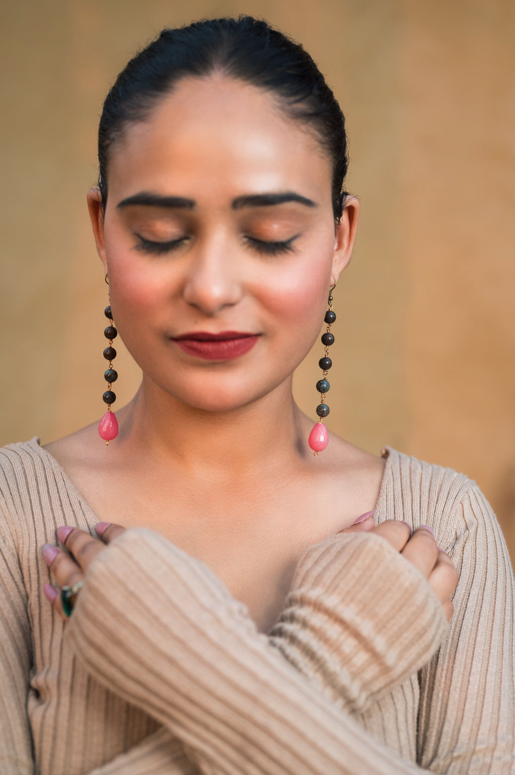 Pink Tear Drop Long Earring