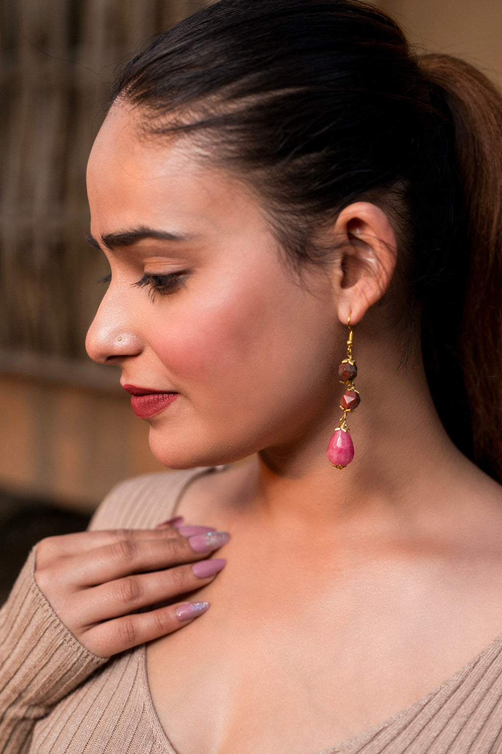 Jasper Pink Stone Drop Earring