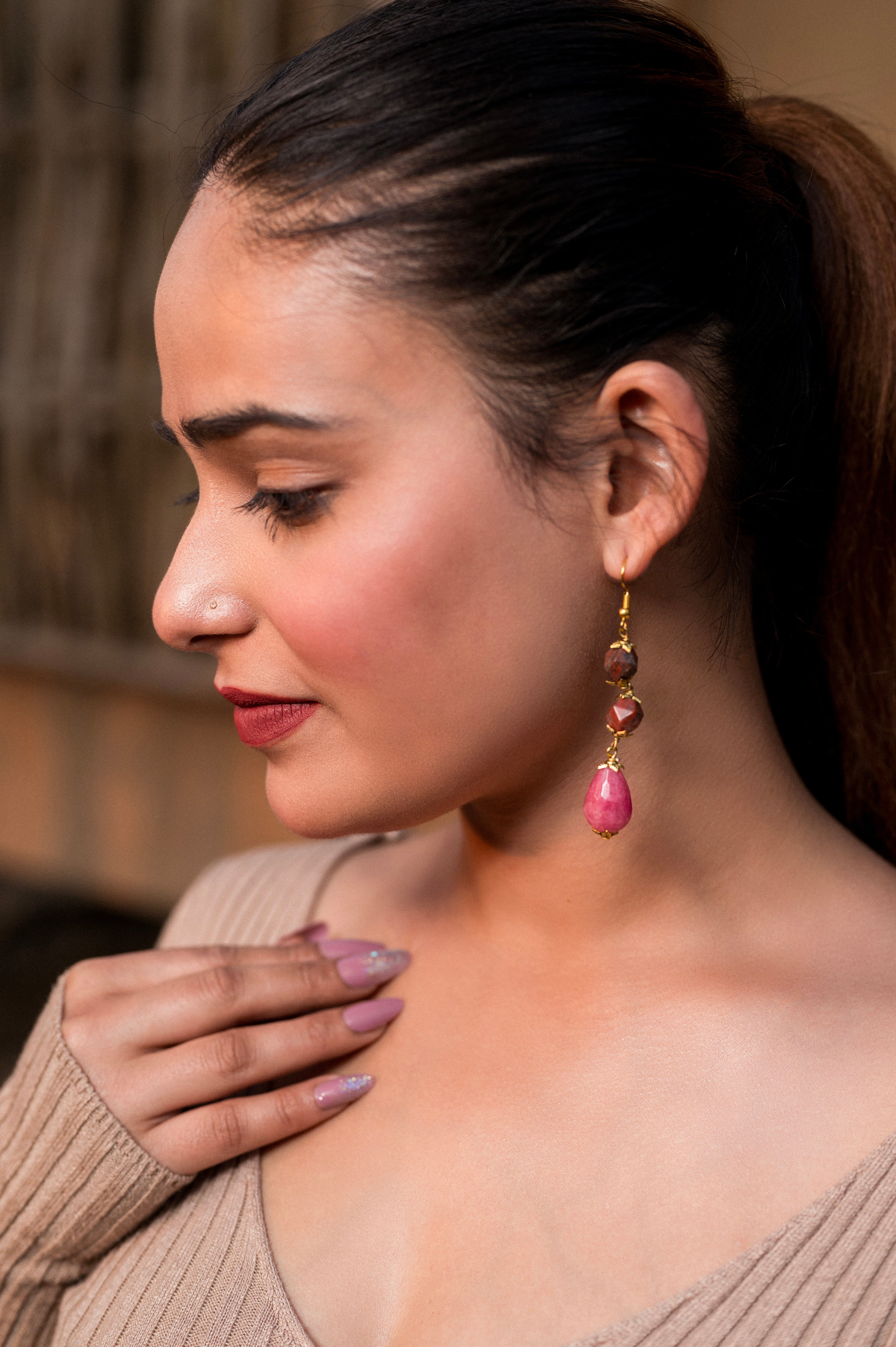 Jasper Pink Stone Drop Earring