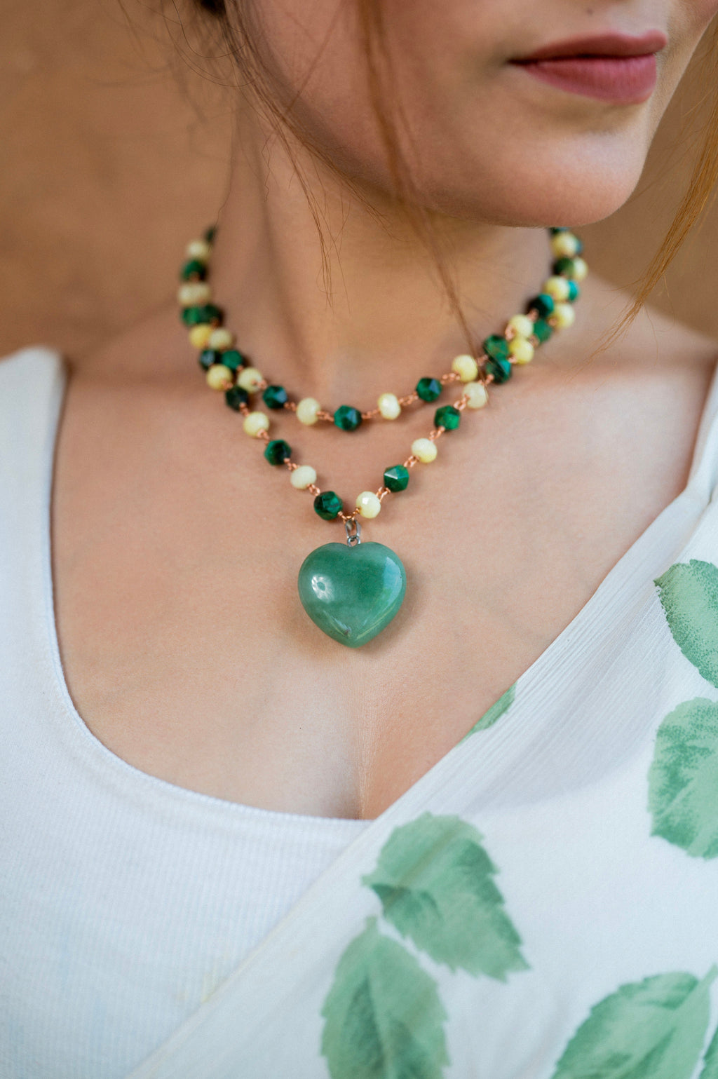 Green Tiger Eye Baati Mixed Double Layered Necklace with Heart Pendant