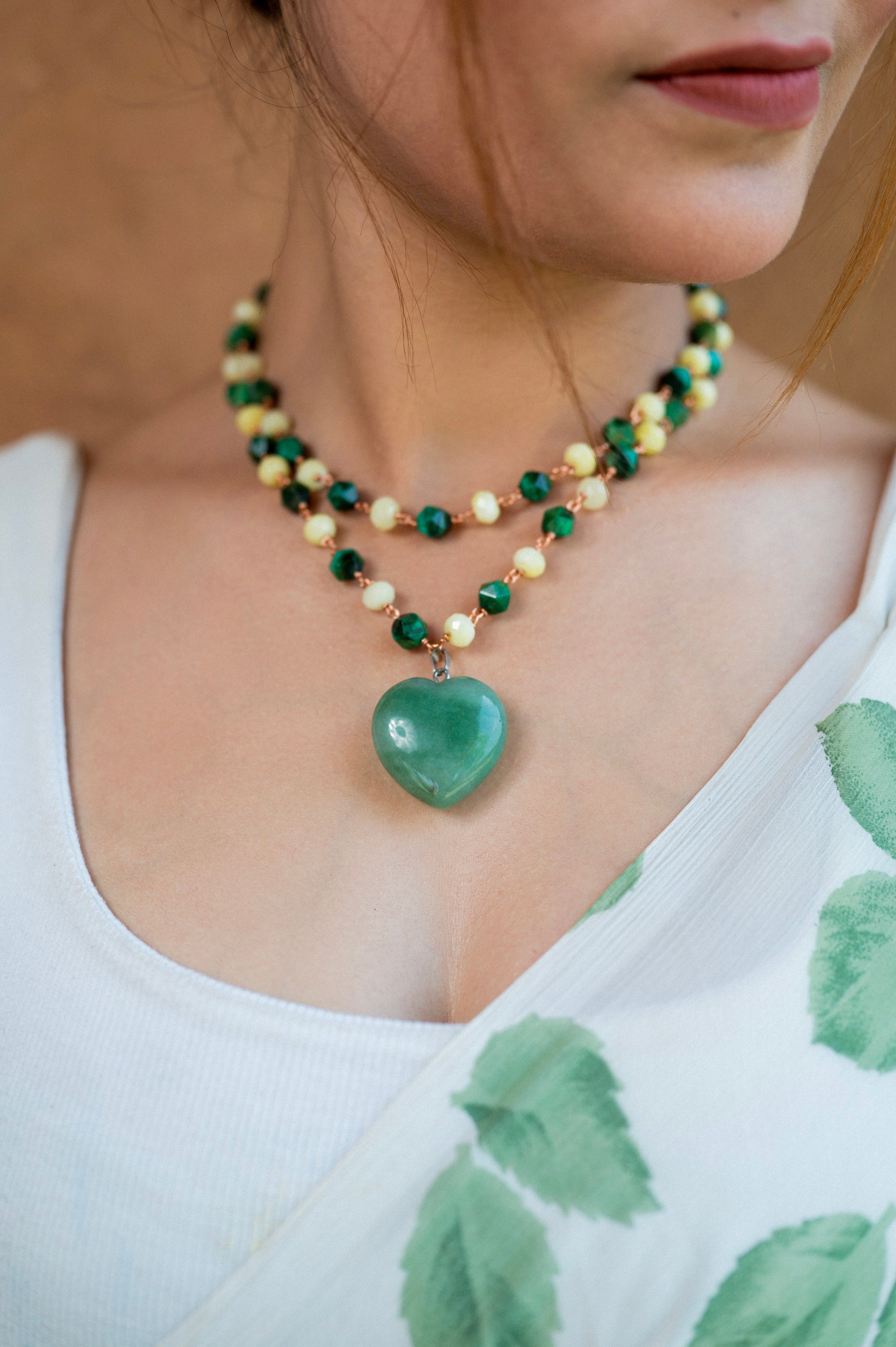 Green Tiger Eye Baati Mixed Double Layered Necklace with Heart Pendant