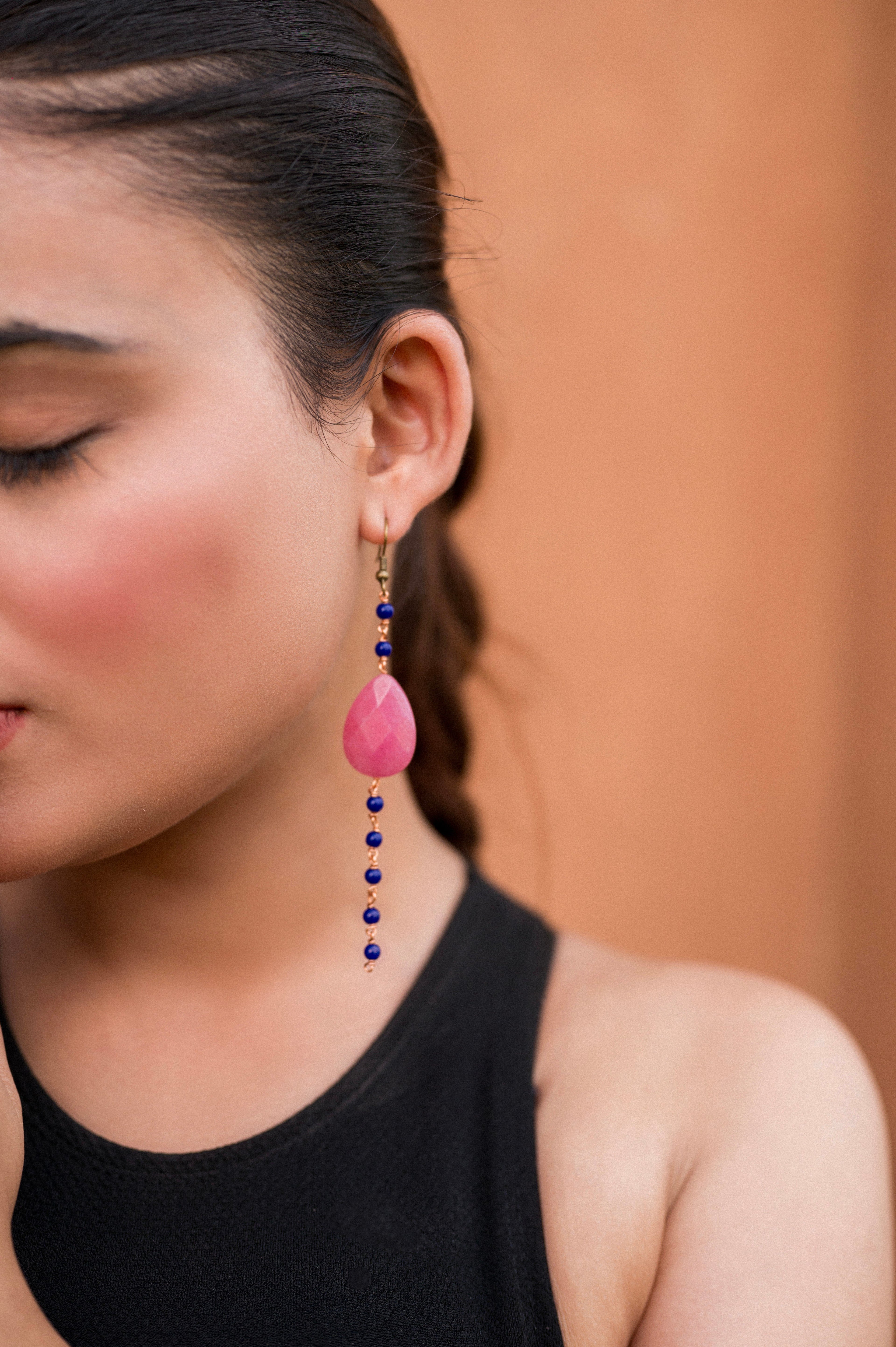 Pink Stone Drops Blue Crystal Earring