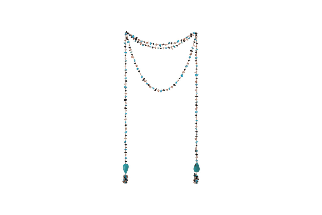 Black Beads Turquoise Opal Chips Mixed Single String Necklace