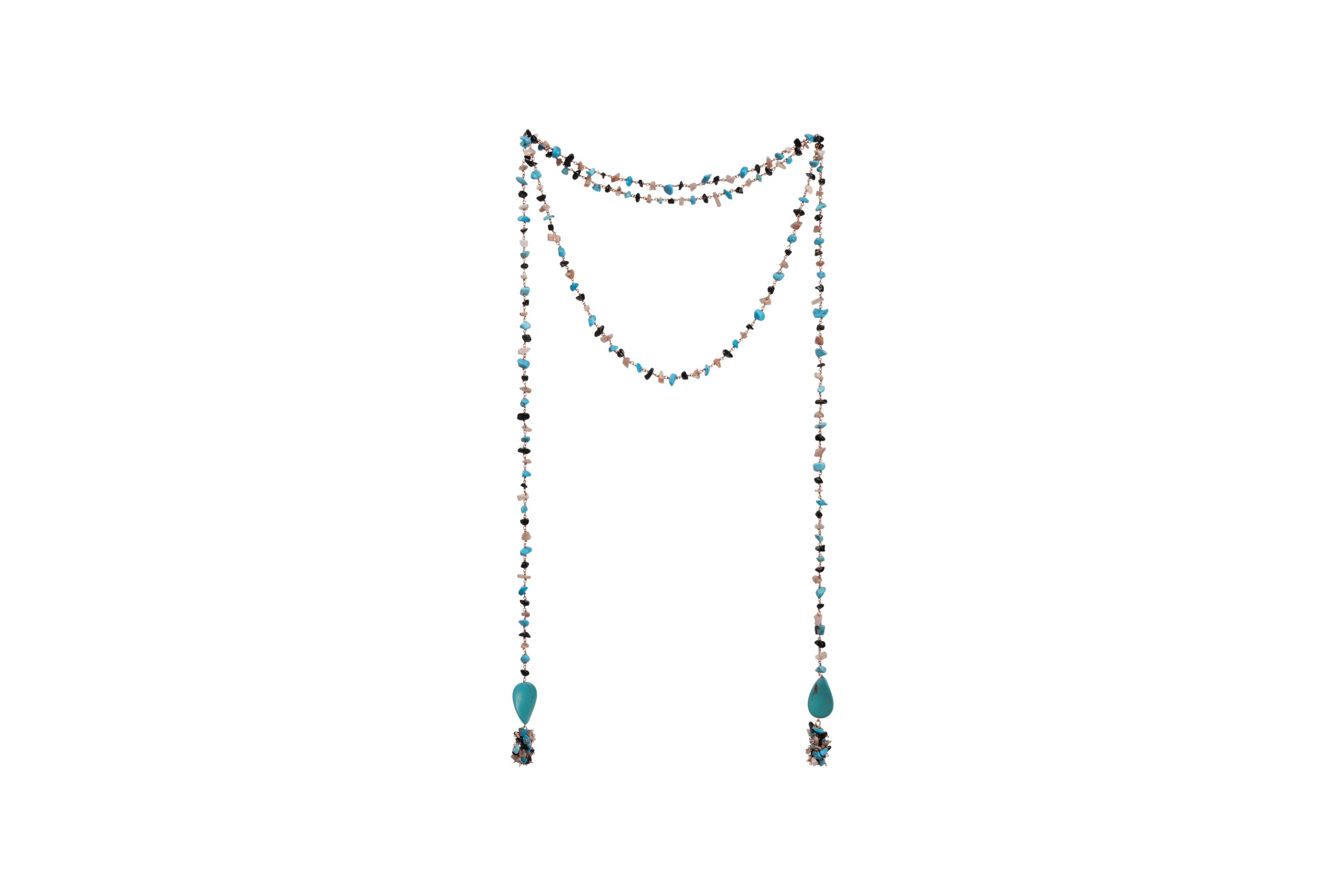 Black Beads Turquoise Opal Chips Mixed Single String Necklace