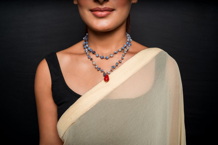 Sodalite Double Layered Necklace with Red Stone Drop Pendant